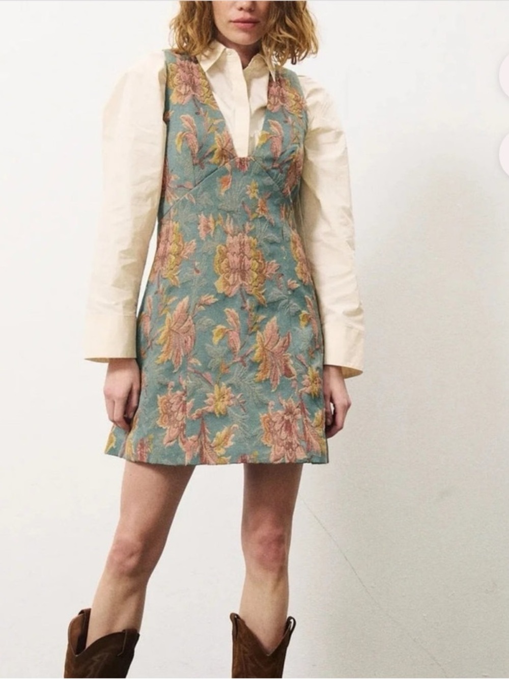 FRNCH PARIS Sleeveless Green Floral Jacquard V-Neck Mini Dress